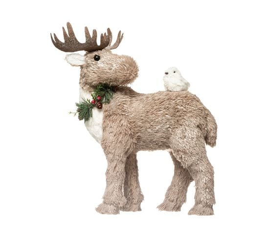 Déco De Noël Élan Beige Pailleté Avec Oiseau Blanc Sur Son Dos H 42 Cm