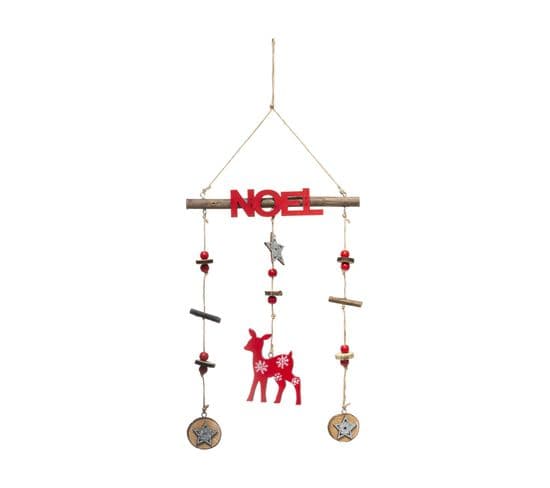 Déco De Noël Suspension En Bois Avec Biche Rouge Et Argent Pailleté H 38 Cm