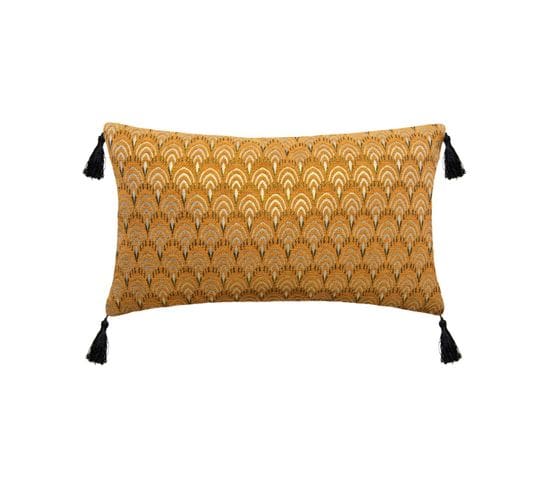 Coussin Déhoussable Jacquard Ocre Avec Pompons 30 X 50 Cm