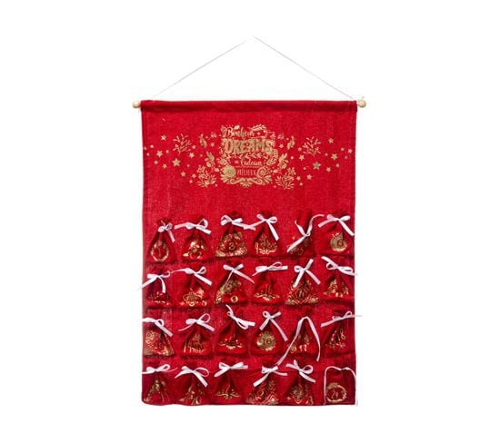 Déco De Noël Calendrier De L'avent En Tissu Rouge Avec 24 Pochons H 65 Cm