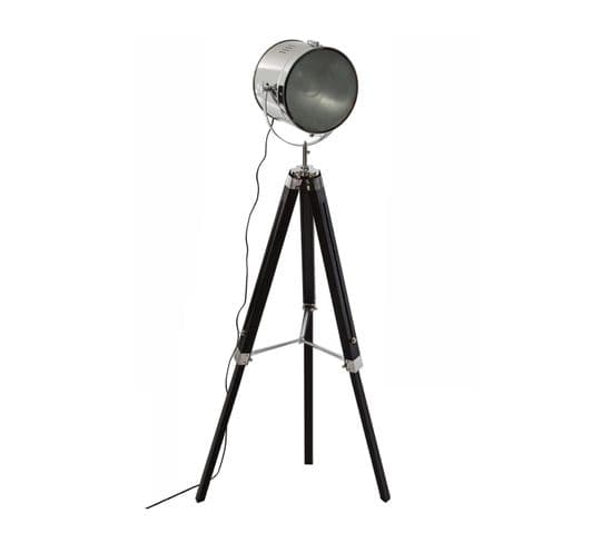 Lampadaire Projecteur En Métal Et Bois Brossé Noir H 152 Cm