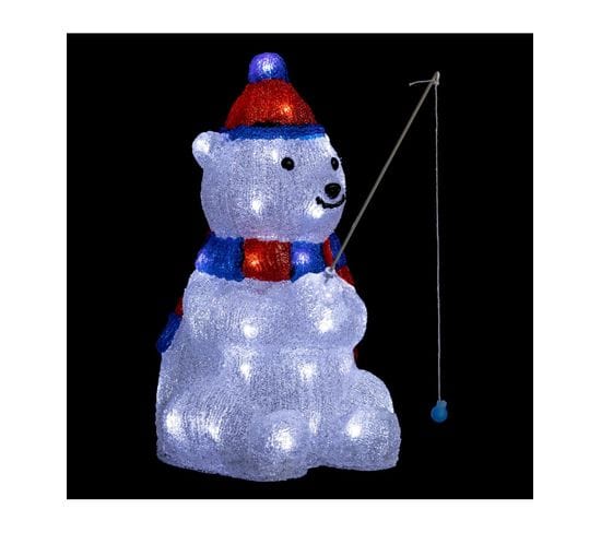 Déco De Noël Lumineuse Ours Pécheur 40 LED Blanches  H 39 Cm