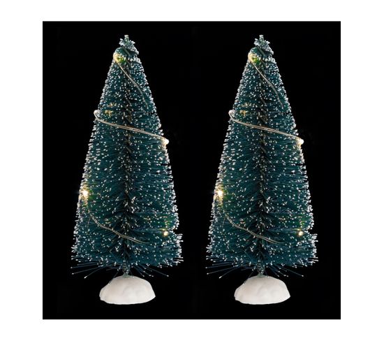 Accessoire Lumineux Pour Village De Noël Lot De 2 Sapins Vert Lumineux LED Blanc Chaud