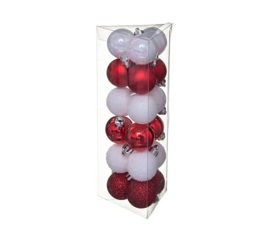 Déco De Sapin Lot De 18 Boules De Noël  D 3 Cm - Blanc Et Rouge