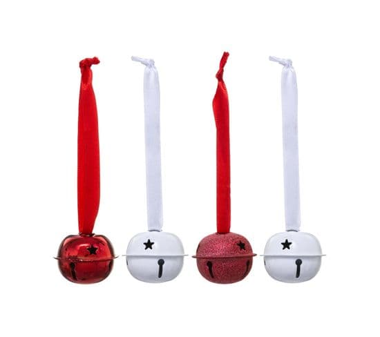 Sujet De Noël Lot De 4 Grelots En Métal D4 Cm Avec Ruban - Rouge Et Blanc