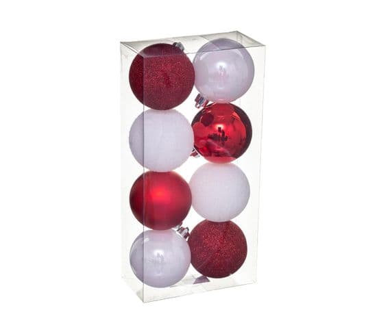 Déco  De Sapin Lot De 8 Boules De Noël D 7 Cm - Blanc Et Rouge