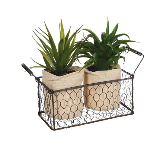 Set 2 Plantes Artificielles Aloe Vera Dans Un Panier En Métal H 21 Cm