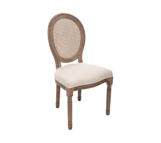 Chaise De Table En Coton Beige Lin Et Bois Blanchi Avec Dossier Cannage