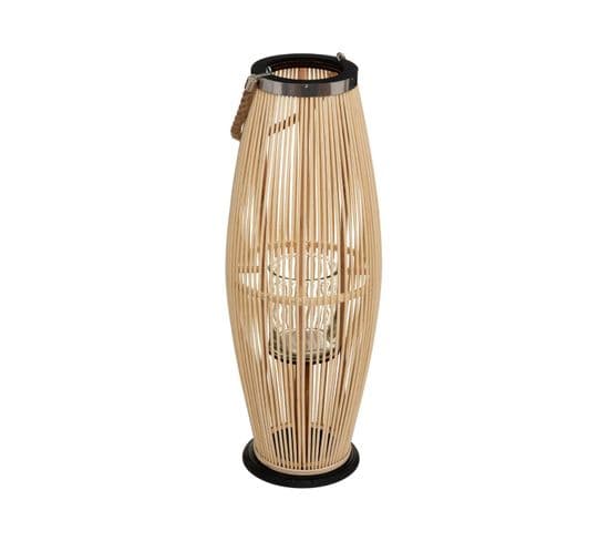 Grande Lanterne En Bambou Naturel Bougeoir En Verre D 27 X H 73 Cm