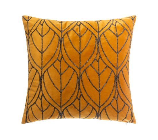 Coussin Déhoussable En Velours Ocre Avec Motif Brodé 40 X 40 Cm