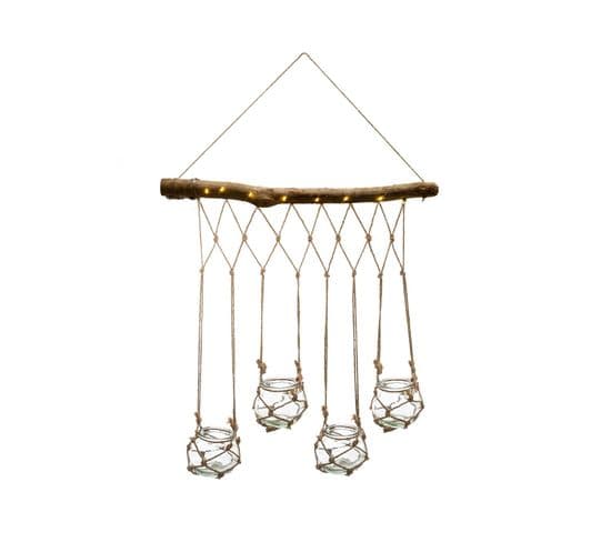 Set 4 Soliflores En Verre Avec Suspension Corde Et Bois De Sapin Avec Éclairage LED