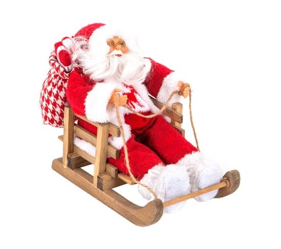 Père Noël En Habit Traditionnel Rouge Et Blanc Sur Sa Luge 26 X 15 X 26 Cm