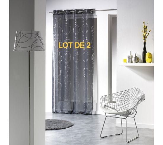 Lot De 2 Voilages à Oeillets 140 X 240 Cm Voile Imprime Argent Bully Anthracite