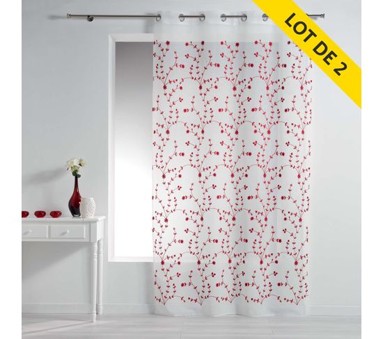 Lot De 2 Voilages à Oeillets 140x240 Voile Sable Brode Petite Fleur Blanc/rouge