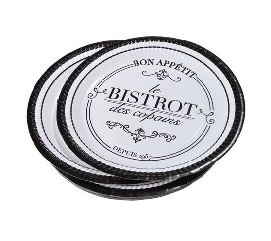 Lot De 10 Assiettes En Carton "bistrot" 23cm Noir et Blanc