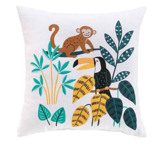 Coussin Enfant "jungle Story" 40x40cm Blanc