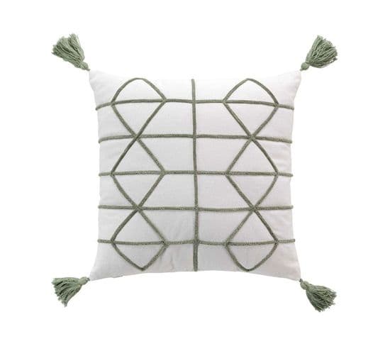 Housse De Coussin à Pompons "soho" 40x40cm Naturel et Vert