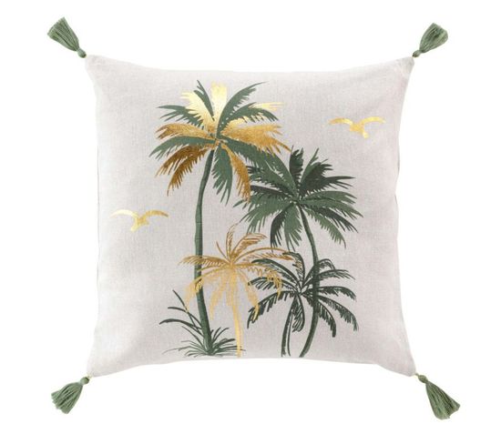 Coussin Déco Pompons "papeete" 45x45cm Sauge