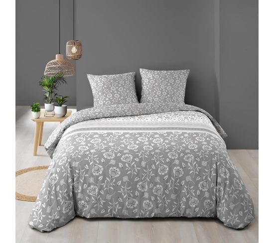 Parure De Lit 3 Pièces Fleurs Flavie - 240x220 Cm - Gris