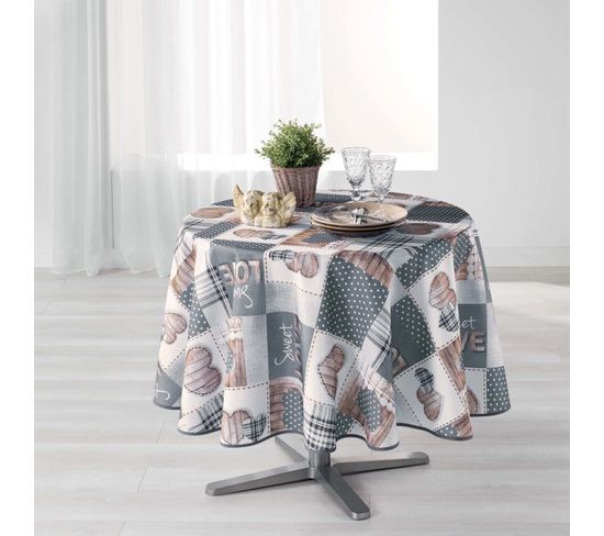 Nappe Ronde Imprimée "hearty" 180cm Blanc et Gris