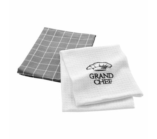 Lot De 2 Torchons De Cuisine "grand Chef" 50x70cm Blanc et Gris