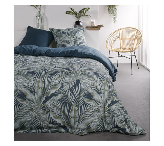 Parure De Lit 2 Personnes Imprimé Jungle Sunshine En Coton - Bleu - 240x260 Cm