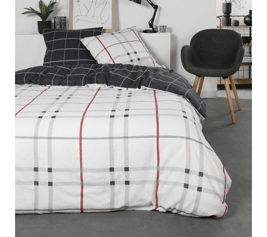 Parure De Lit Double En Coton Flanelle Imprimé Tartan - Blanc - 240 X 260 Cm