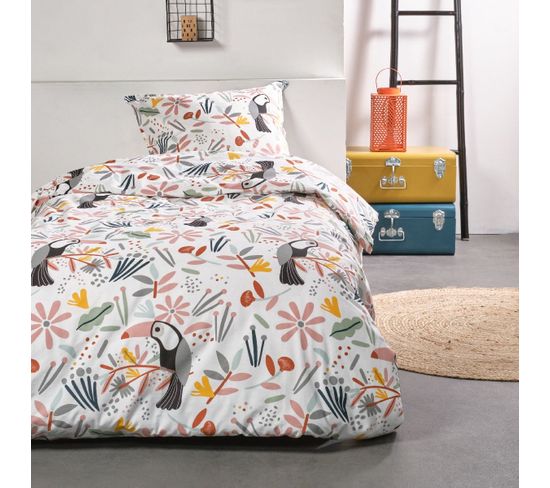 Parure De Lit Imprimé Happy Toucan En Coton - Blanc - 140x200 Cm