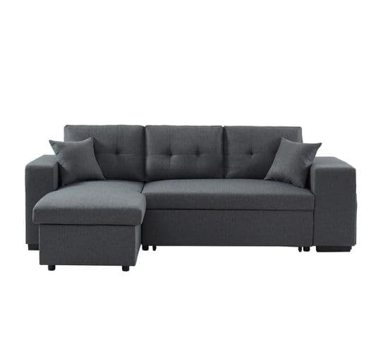 Canapé D'angle Alpago Lin Gris Convertible 4 Places Avec 2 Poufs Et Étagères