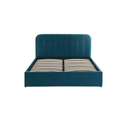 Lit Coffre Andre Velours Bleu Paon 160x200 Sommier Inclus