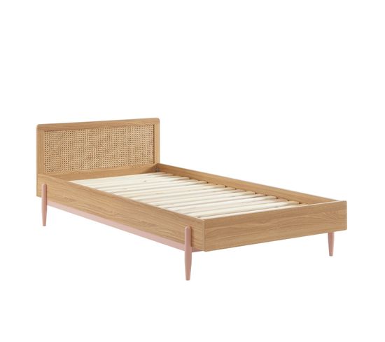 Lit Enfant Pablo Rose Et Cannage Rotin 90x190 Sommier Inclus