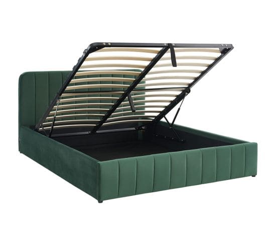 Lit Coffre 160x200cm En Velours Vert Avec Tête De Lit + Sommier Relevable À Lattes - Ava