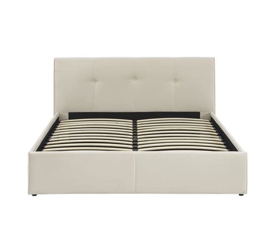 Lit Coffre Seguro Velours Beige Crème 160x200 Sommier Inclus