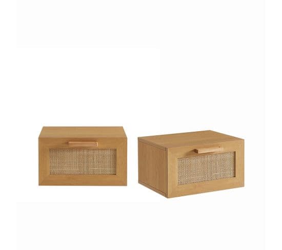 June - Lot De 2 Tables De Chevet Murales Avec Rangement En Bois Et Cannage - Couleur - Bois Clair