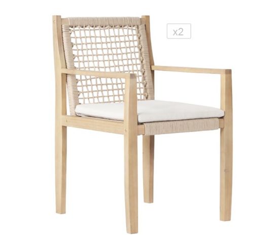 Lot De 2 Fauteuils Samoa En Bois D'acacia Et Corde Avec Coussins