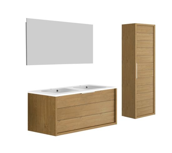 Meuble De Salle De Bain Sorento Couleur Chêne Clair 120cm + Plan Double Vasque Style + Miroir Et