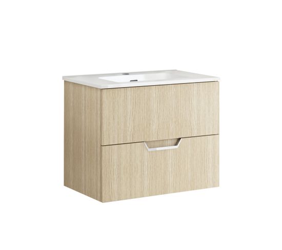 Meuble De Salle De Bain 70cm À Suspendre Avec Rangement Chêne Sable Tempo + Vasque Kosmik Blanche