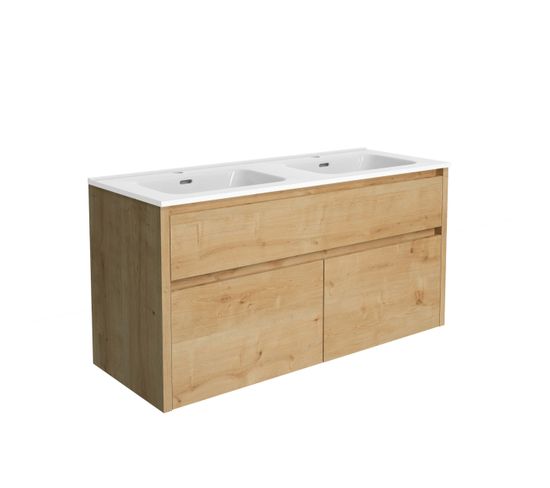 Meuble De Salle De Bain 120 Cm À Suspendre Avec Rangement Chêne Aston + Vasque Kosmik Blanche