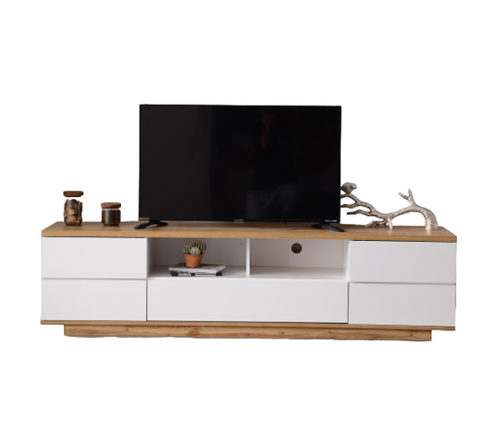 Meuble TV moderne en blocs, finition en grain de bois, 180 cm, blanc