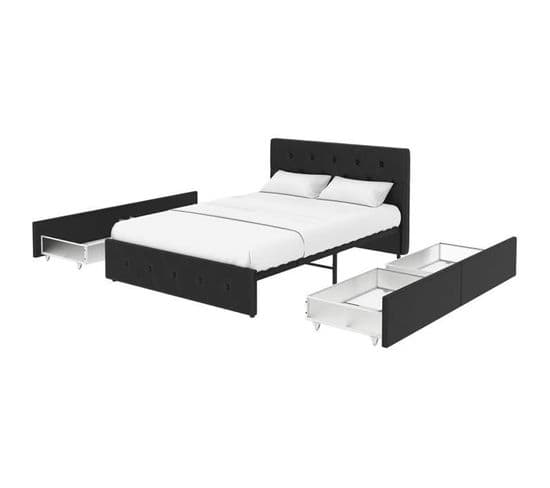 Lit Adulte David - 140 X 190 Cm - 4 Tiroirs - Sommier Inclus - Simili Noir