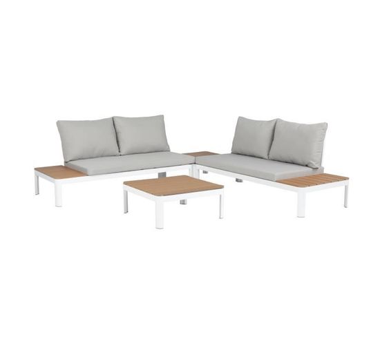 Salon De Jardin Modulable 4 Personnes - En Aluminium Blanc Et Polywood Avec Coussins Gris Santana