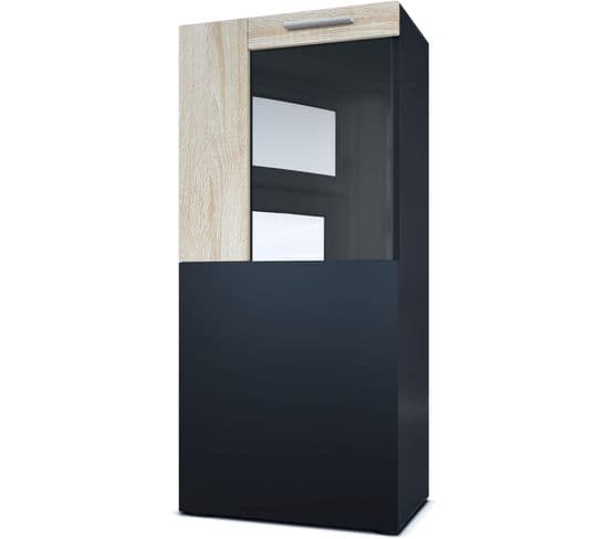 Vitrine  Corps En Noir Mat/façades En Noir Mat Avec Une Bordure En Chêne Brut Mdf