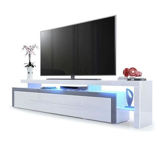 Meuble TV Blanc Et Gris Laqué 227 Cm Avec LED