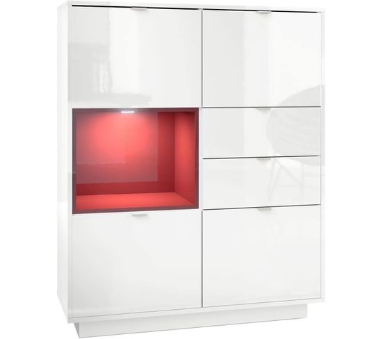 Buffet Intégralement Laqué Blanc Insertion Bordeaux + LED   123 X 103 X 38