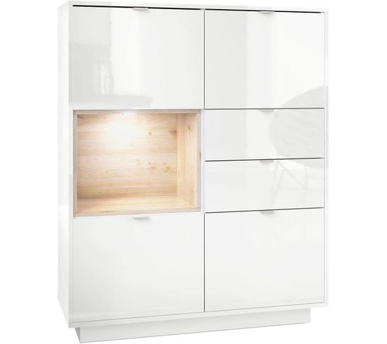 Buffet Intégralement Laqué Blanc Insertion Aspect Chêne Nature Mat + LED  (hxlxp) : 123 X 103 X 38