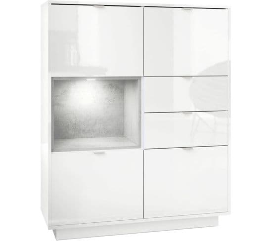 Buffet Intégralement Laqué Blanc Insertion Gris Béton Mat + LED   (hxlxp) : 123 X 103 X 38