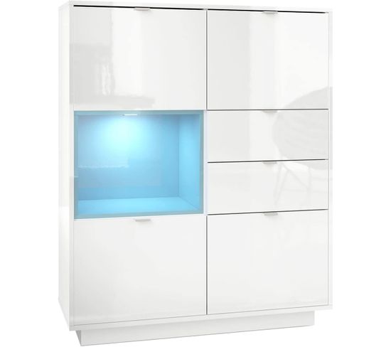 Buffet Intégralement Laqué Blanc Insertion Turquoise + LED  (hxlxp) : 123 X 103 X 38