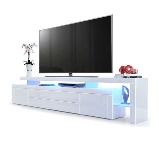 Meuble TV  Blanc Laqué  Avec LED 52 X 227 X 35 Cm