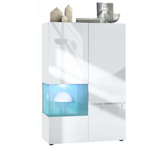 Vitrine Blanc Mat Et Brillant Insertion Pétrol Laquée (lxhxp) : 91,5 X 136,5 X 37 Cm + LED Blanc