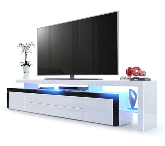 Meuble TV Blanc Et Noir Laqué  227 Cm + LED Rgb  52 X 227 X 35 Cm